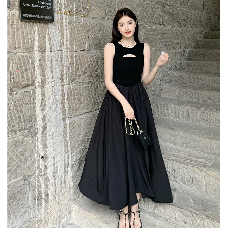 Black high waist long dress France style temperament dress