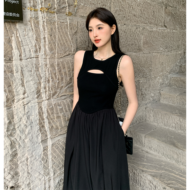 Black high waist long dress France style temperament dress