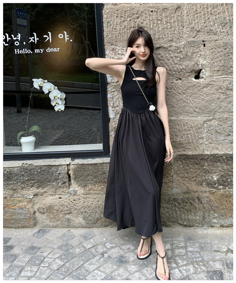 Black high waist long dress France style temperament dress