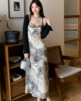 Chinese style ink long dress halter dress 2pcs set for women
