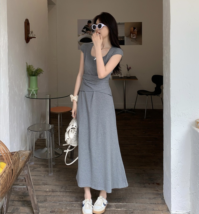 Pinched waist bandage dress gray long dress for women