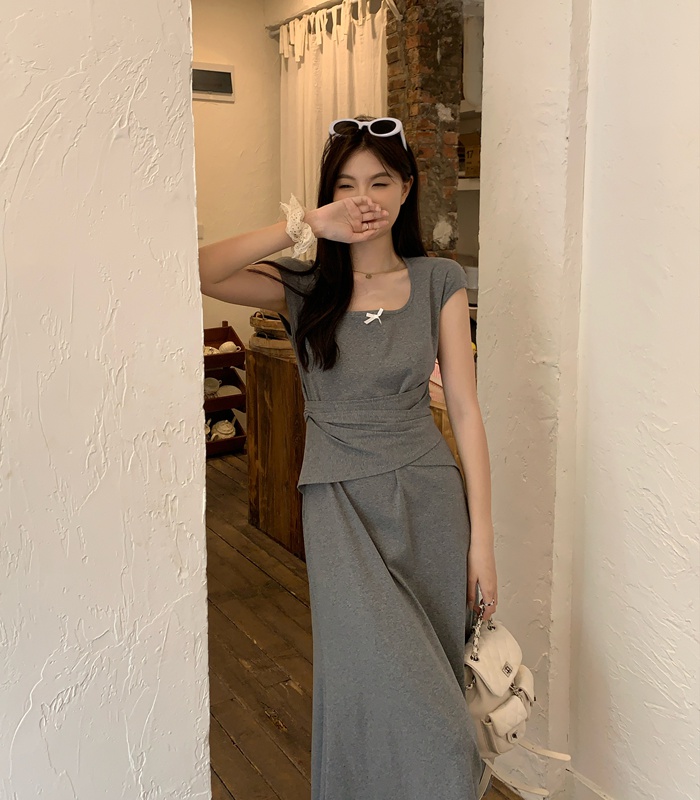 Pinched waist bandage dress gray long dress for women