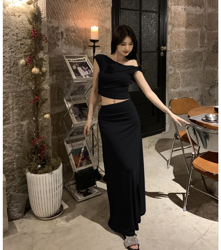 Pure sloping shoulder tops sexy long skirt 2pcs set