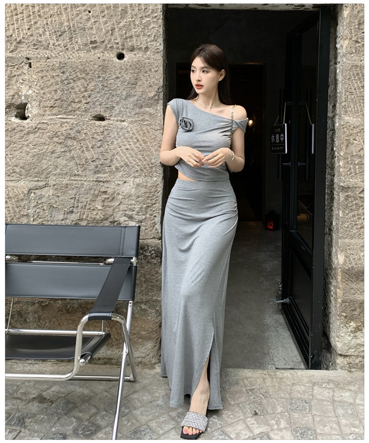 Pure sloping shoulder tops sexy long skirt 2pcs set