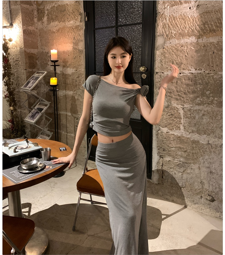 Pure sloping shoulder tops sexy long skirt 2pcs set