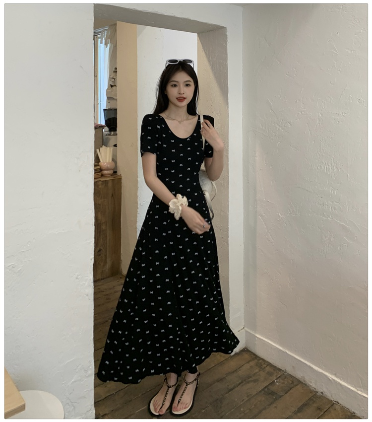 Slim summer dress retro U-neck long dress for women