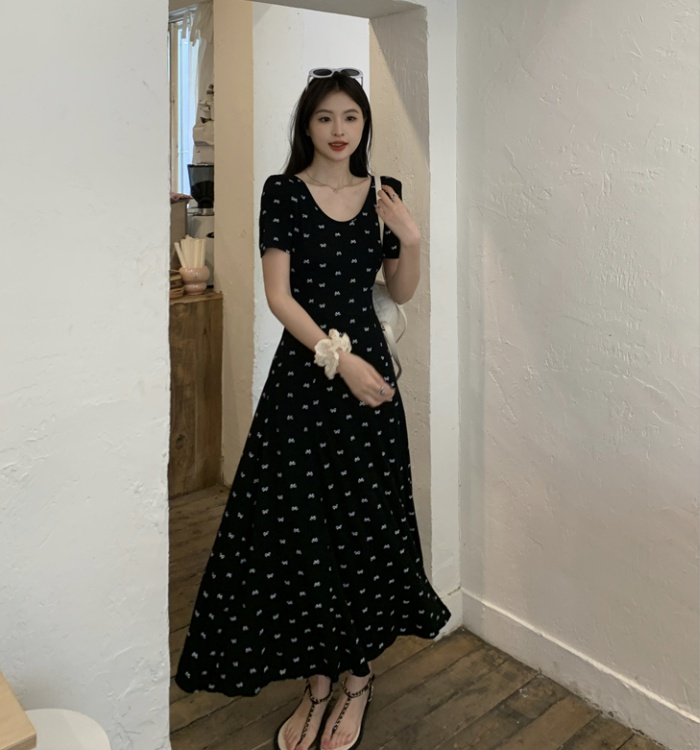 Slim summer dress retro U-neck long dress for women