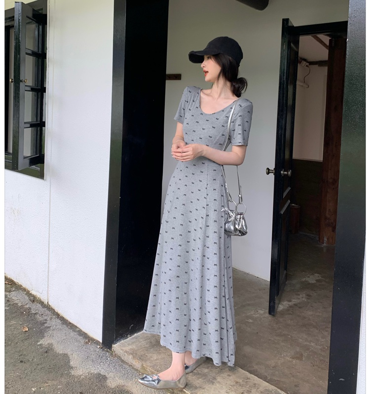 Slim summer dress retro U-neck long dress for women