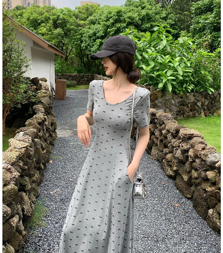 Slim summer dress retro U-neck long dress for women