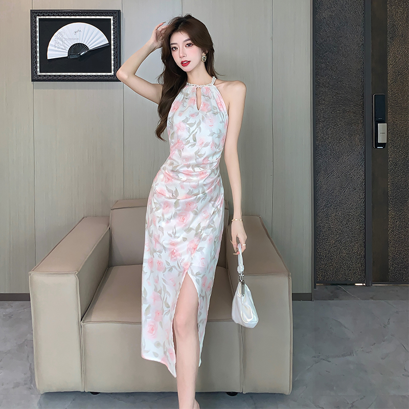 Slim split printing halter hollow dress for women