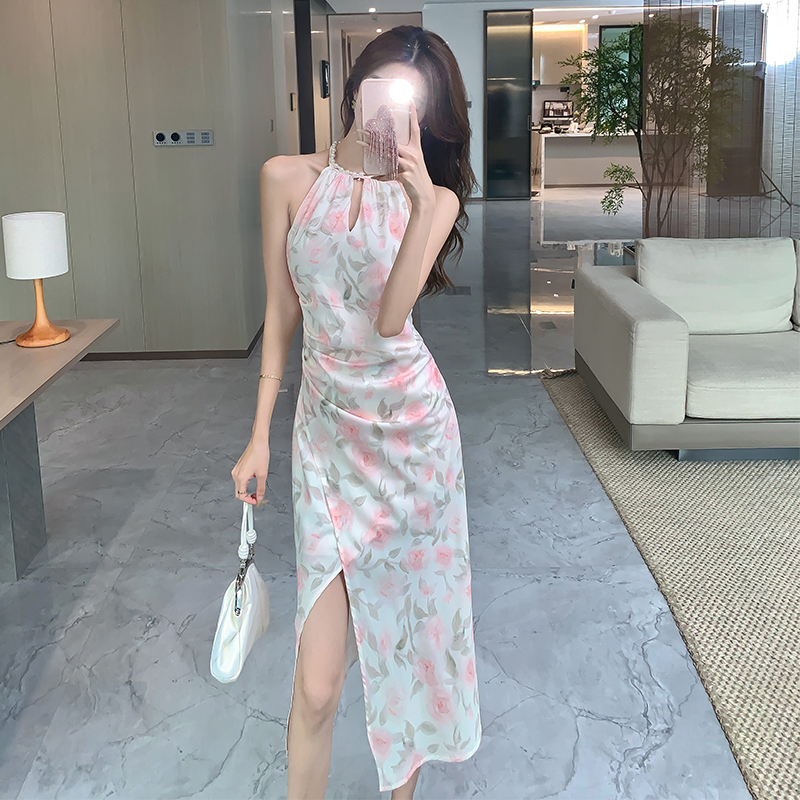 Slim split printing halter hollow dress for women