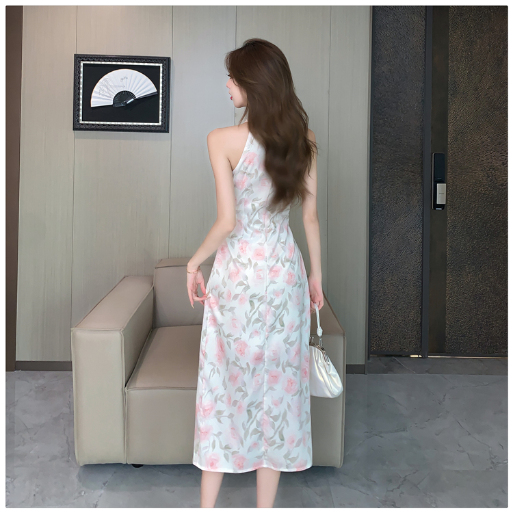 Slim split printing halter hollow dress for women