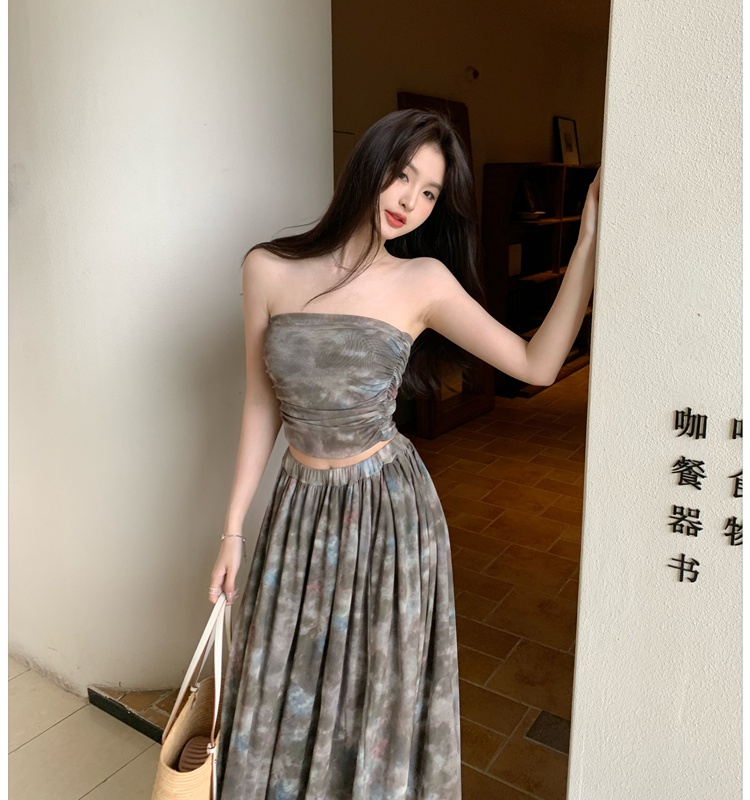 Fashion wrapped chest long skirt tie dye vest 2pcs set