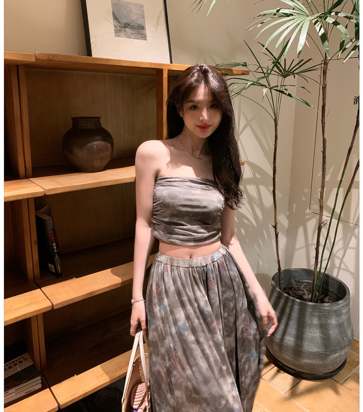 Fashion wrapped chest long skirt tie dye vest 2pcs set