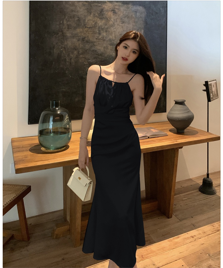 Halter France style long dress mermaid satin dress for women