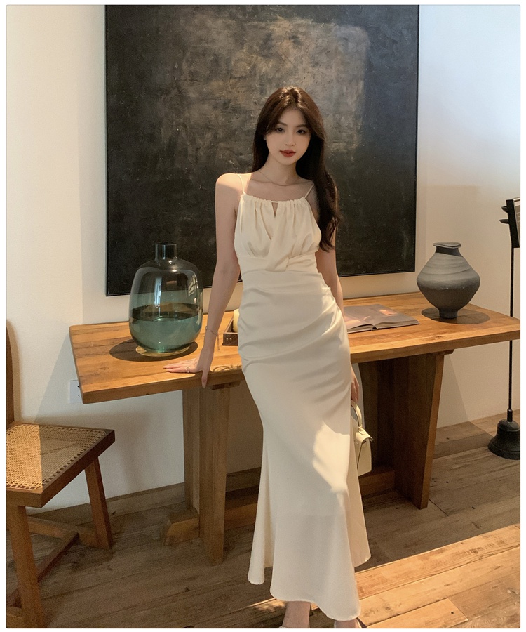 Halter France style long dress mermaid satin dress for women