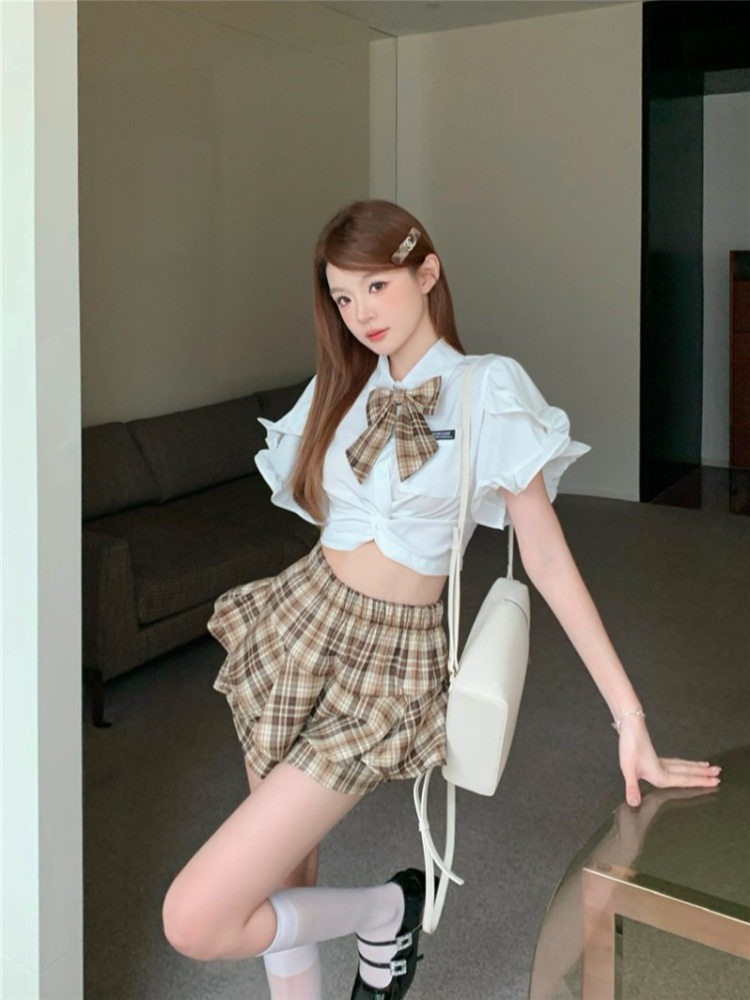 White summer uniform plaid shorts 2pcs set