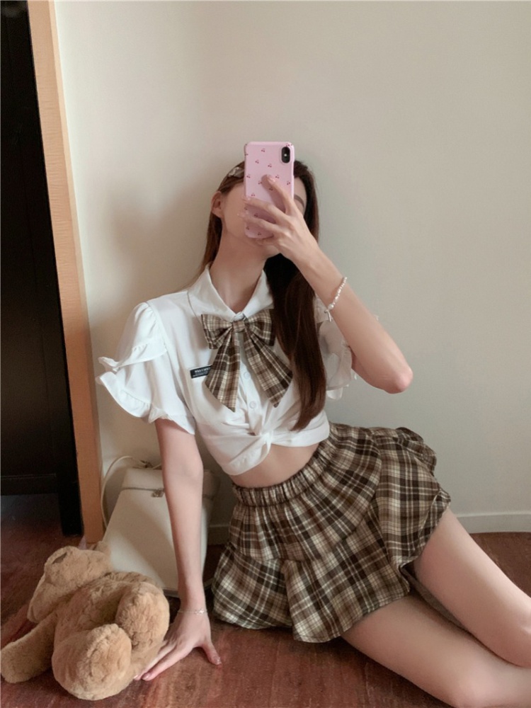 White summer uniform plaid shorts 2pcs set