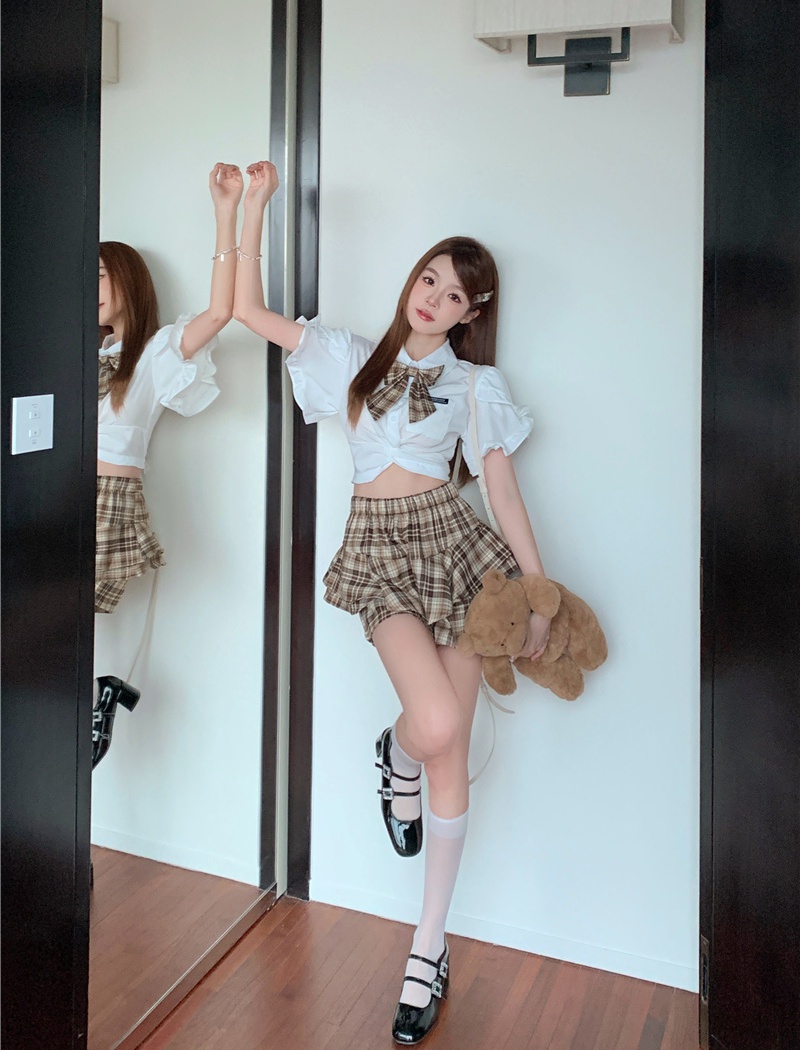 White summer uniform plaid shorts 2pcs set