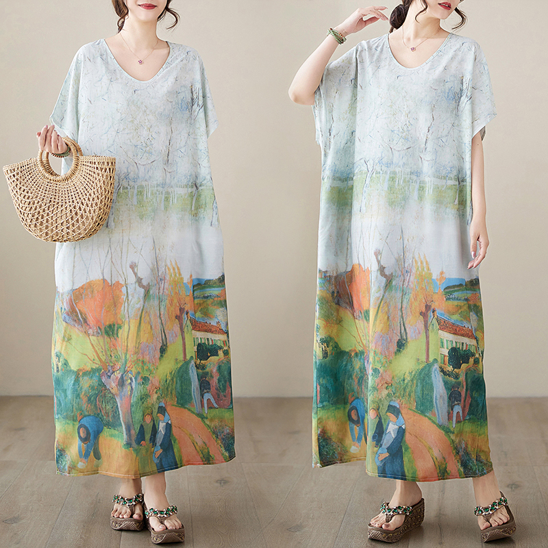 Short sleeve art printing long dress big Casual robe