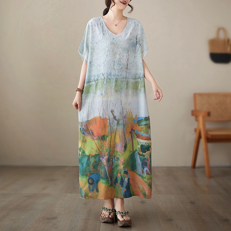 Short sleeve art printing long dress big Casual robe