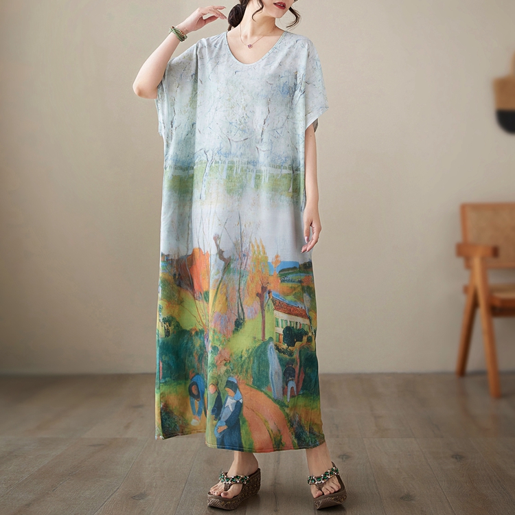 Short sleeve art printing long dress big Casual robe