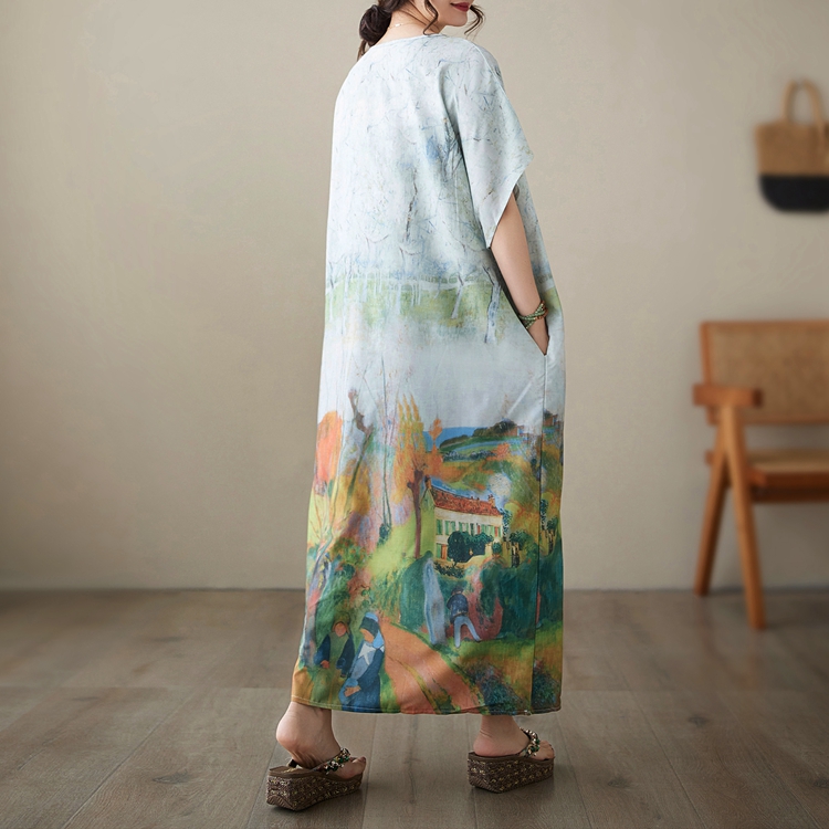 Short sleeve art printing long dress big Casual robe