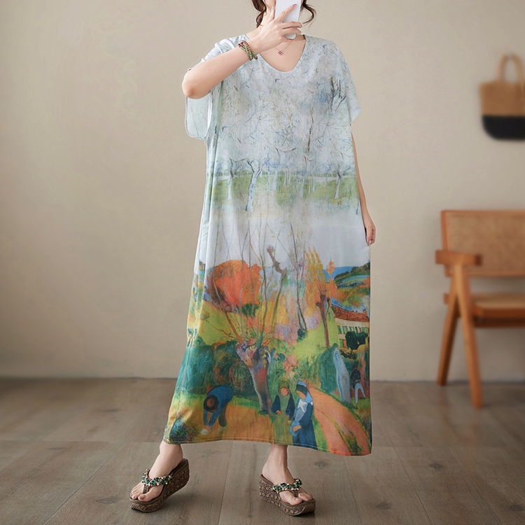 Short sleeve art printing long dress big Casual robe