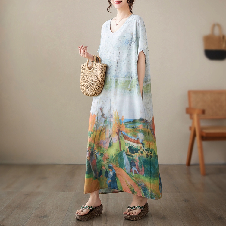 Short sleeve art printing long dress big Casual robe