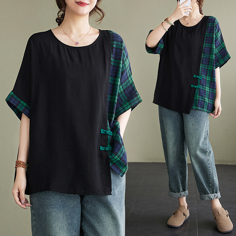 Fat short sleeve plaid tops splice slim T-shirt