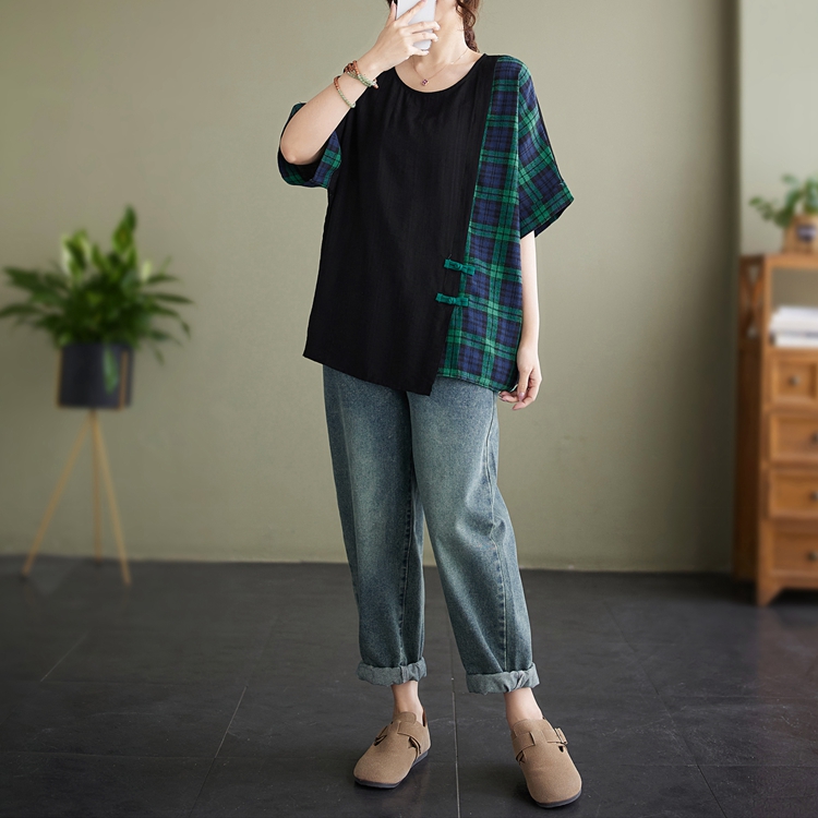 Fat short sleeve plaid tops splice slim T-shirt