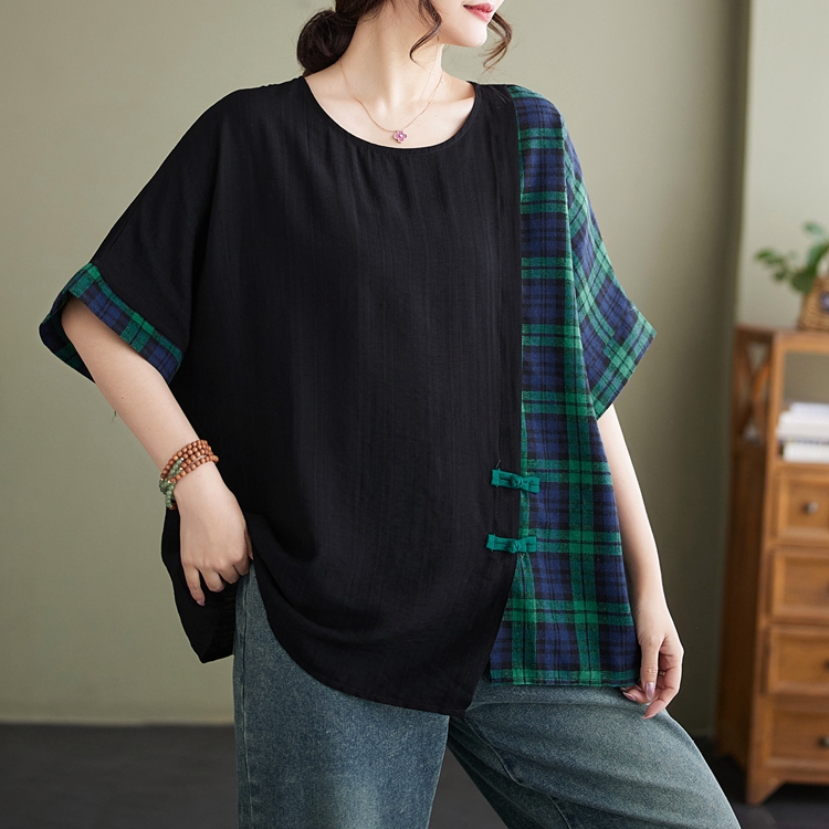 Fat short sleeve plaid tops splice slim T-shirt