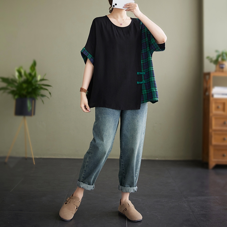 Fat short sleeve plaid tops splice slim T-shirt