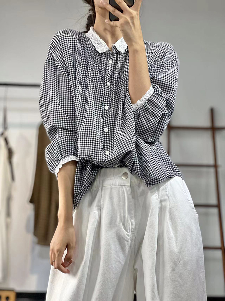 Splice Japanese style shirt plaid tops for women