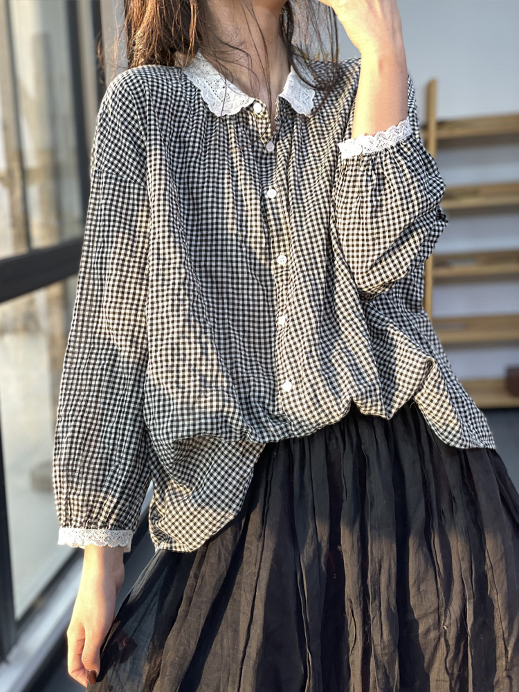 Splice Japanese style shirt plaid tops for women