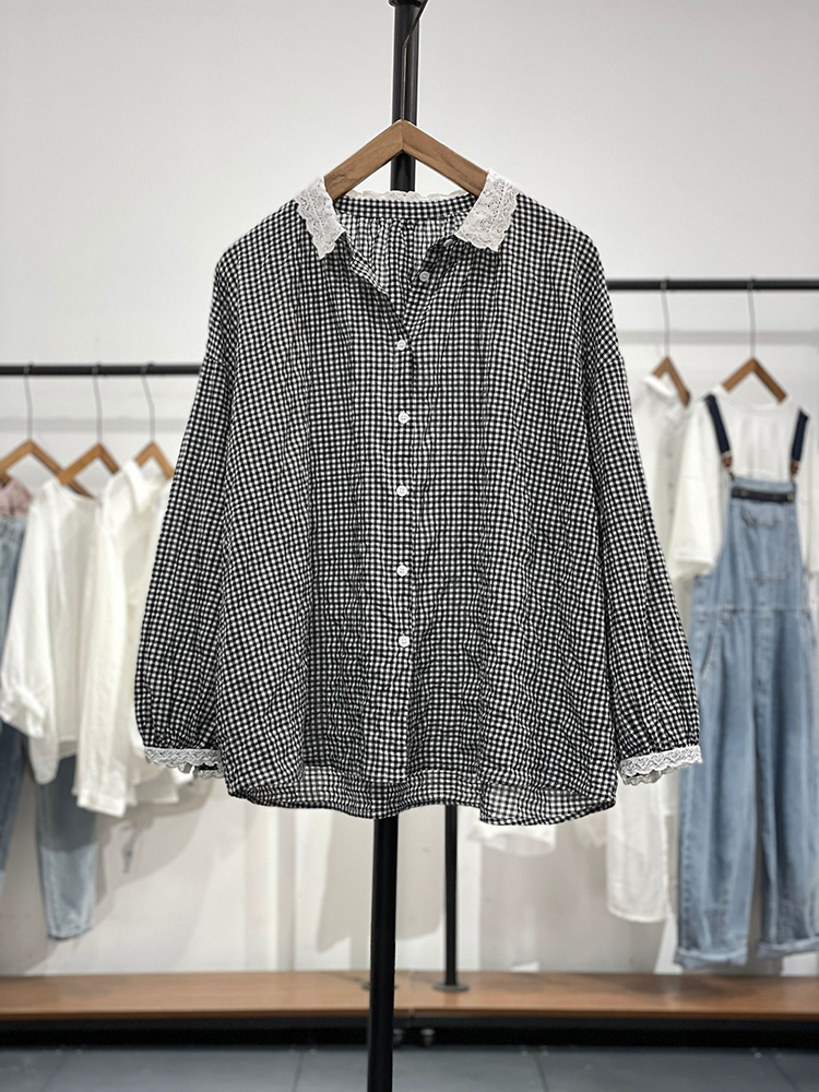 Splice Japanese style shirt plaid tops for women