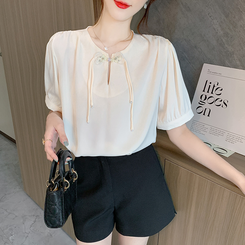 Summer short sleeve shirt satin round neck tops