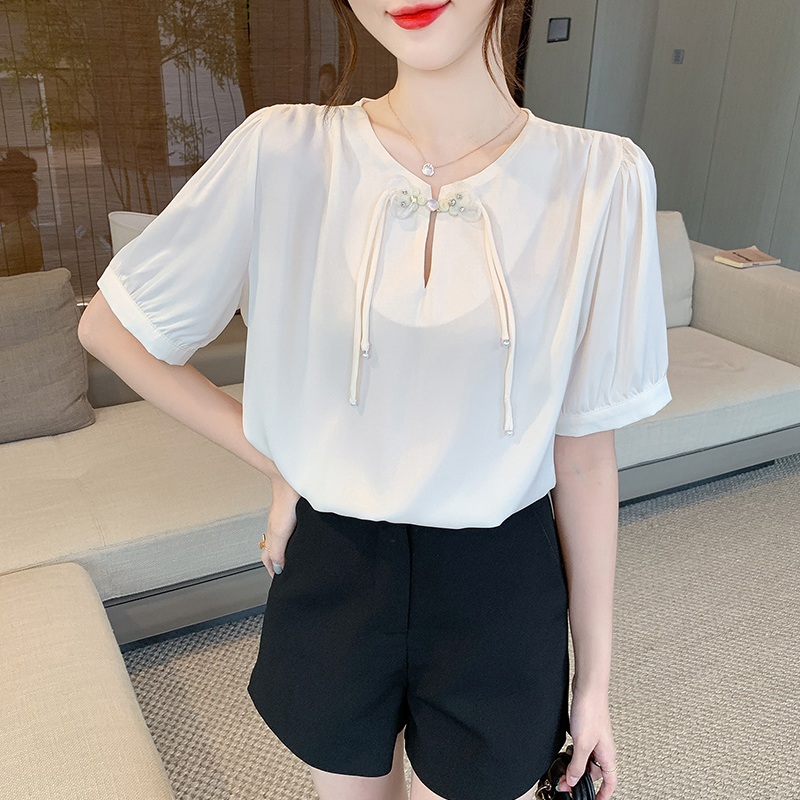 Summer short sleeve shirt satin round neck tops