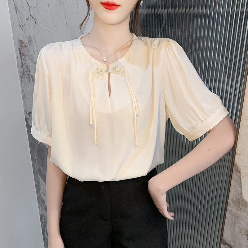 Summer short sleeve shirt satin round neck tops