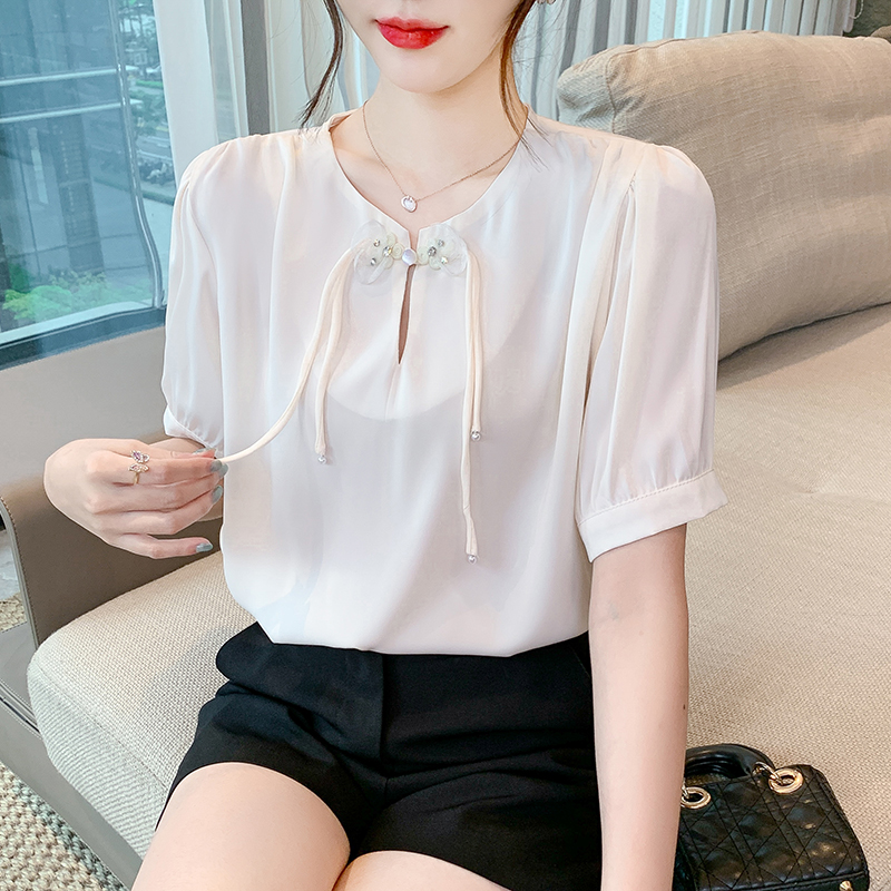 Summer short sleeve shirt satin round neck tops