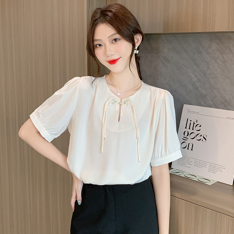 Summer short sleeve shirt satin round neck tops