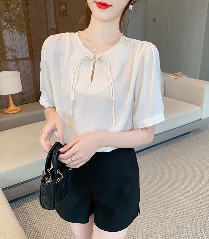 Summer short sleeve shirt satin round neck tops