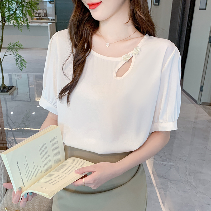 Satin short sleeve shirt round neck summer tops