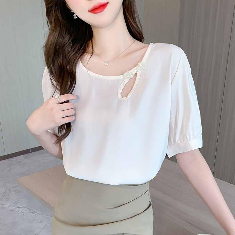 Satin short sleeve shirt round neck summer tops