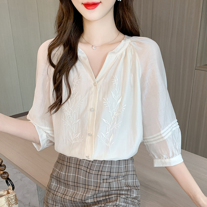 All-match embroidered tops summer shirt for women