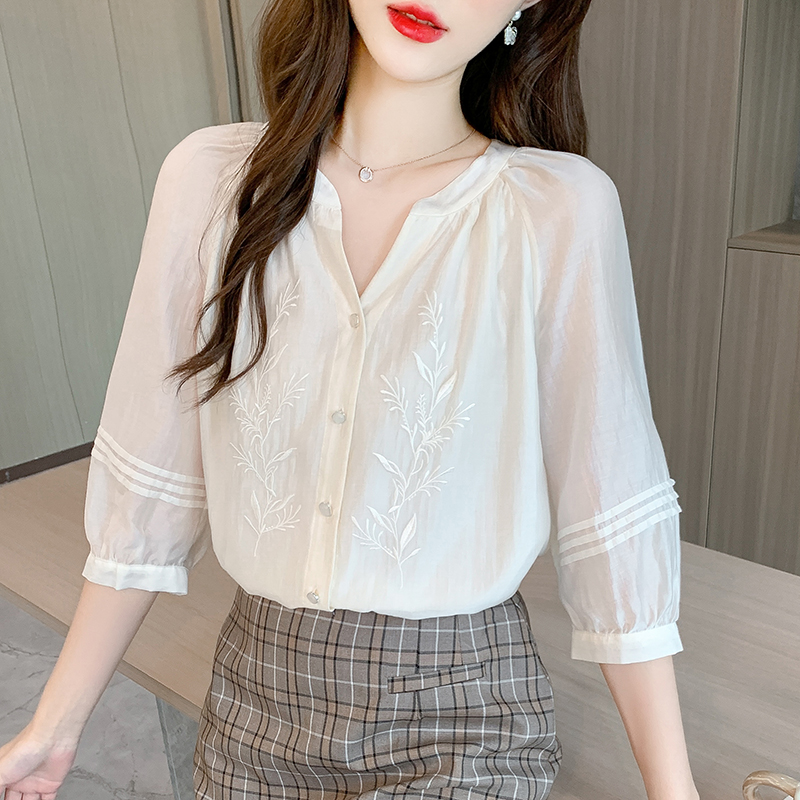 All-match embroidered tops summer shirt for women