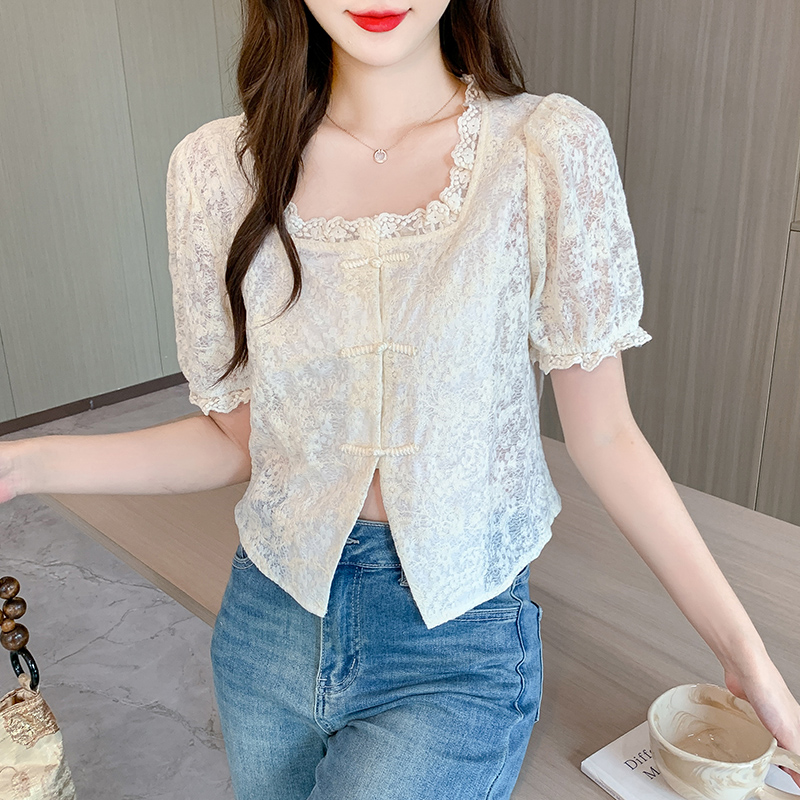 Splice summer shirt short sleeve embroidered tops for women