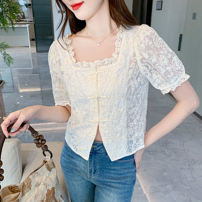 Splice summer shirt short sleeve embroidered tops for women