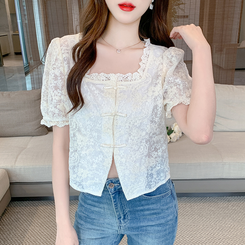 Splice summer shirt short sleeve embroidered tops for women