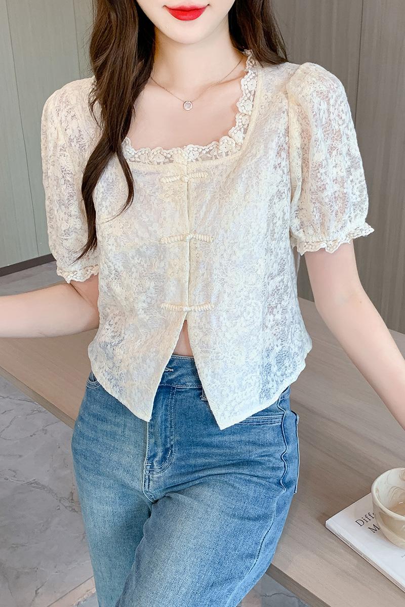 Splice summer shirt short sleeve embroidered tops for women